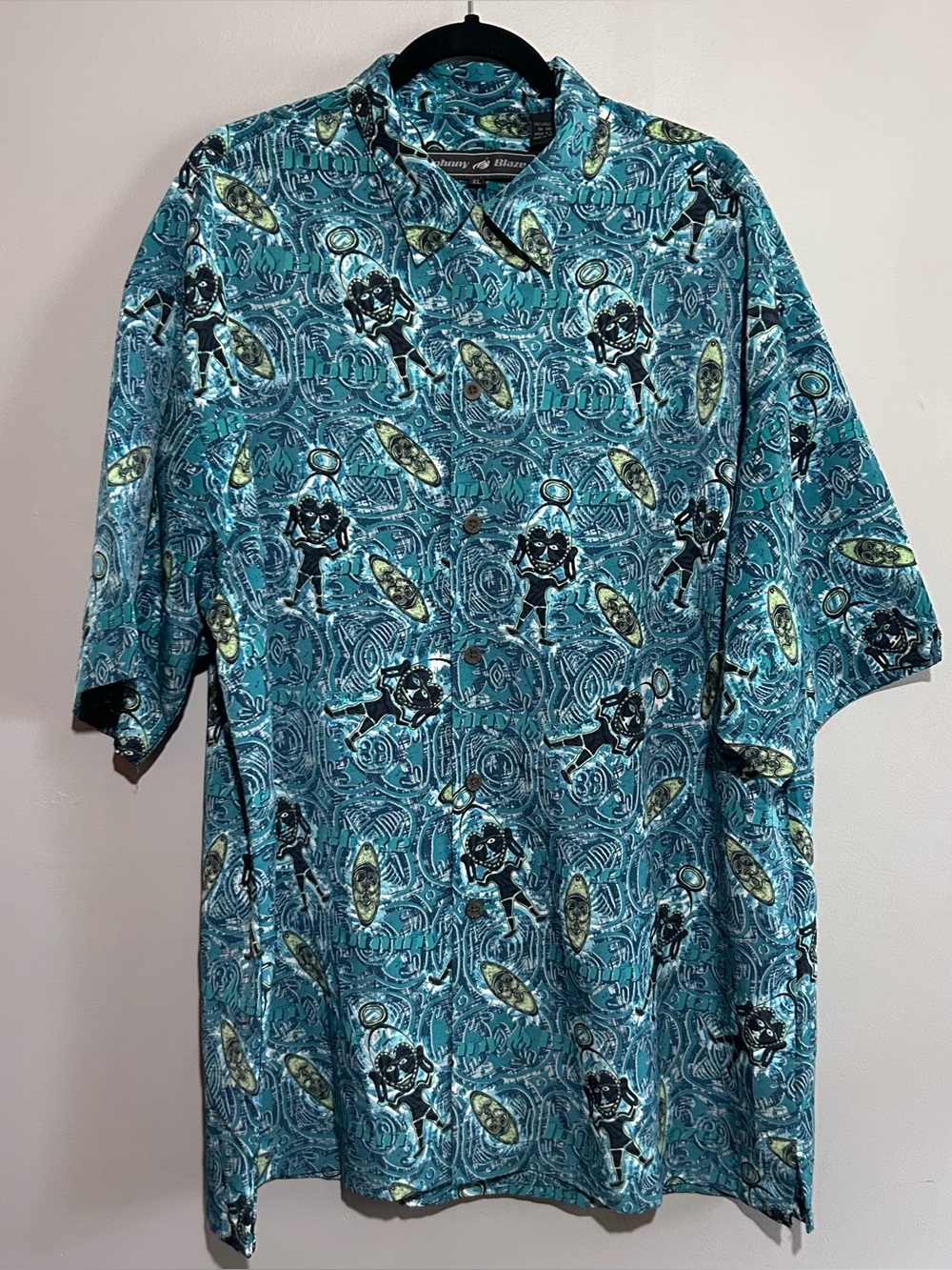 Vintage Johnny Blaze XL Teal All Over Print Button Up Shirt Hip Hop Y2K